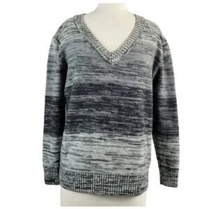 Lord & Taylor Merino Wool Sweater Grey Striped V-Neck Size Small